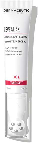 A tube of eye serum labeled Dermaceutic Reveal 4X, targeting eye concerns with ingredients like caffeine and a PCA-HA system.
