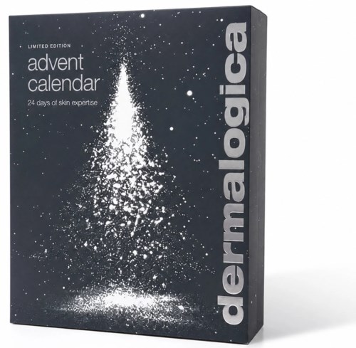 Svart förpackning med vitt snöflingemönster och texten 'dermalogica advent calendar, 24 days of skin expertise'.