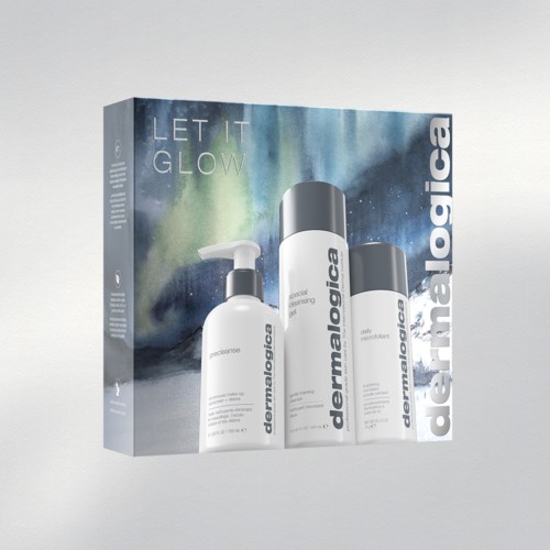 Skincare set with a cleanser, toner, and moisturizer from Dermalogica in a box with northern lights background.