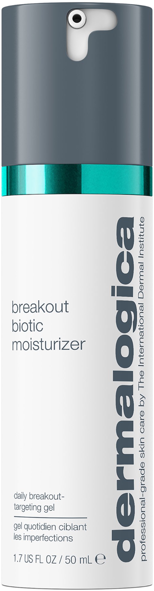 Een witte fles met een grijze bovenkant en blauwe label, genaamd Derma E. Het is een huidverzorgingshydrater voor puistjes.