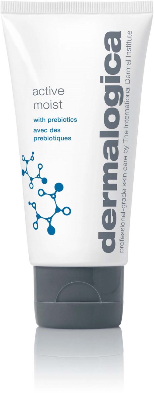 Een witte tube dermalogica huidverzorgingsproduct, gemarkeerd 'active moist' met blauw molecuulontwerp.