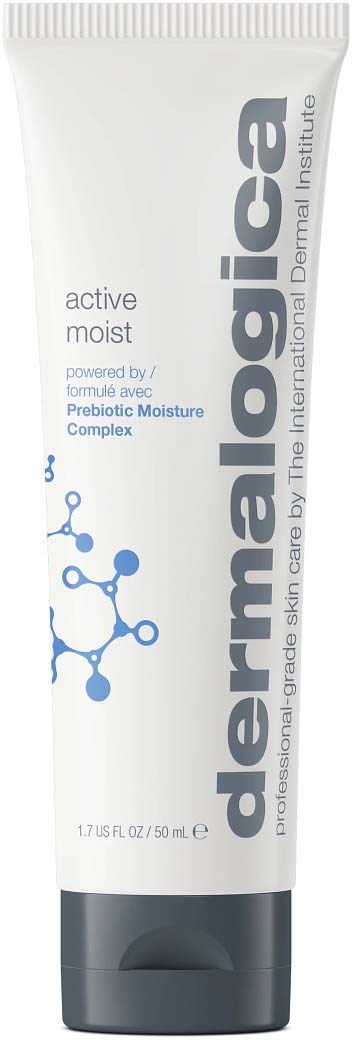 A white tube labeled 'dermologyca active moist' for skin care, with blue molecules graphic, and product details printed.