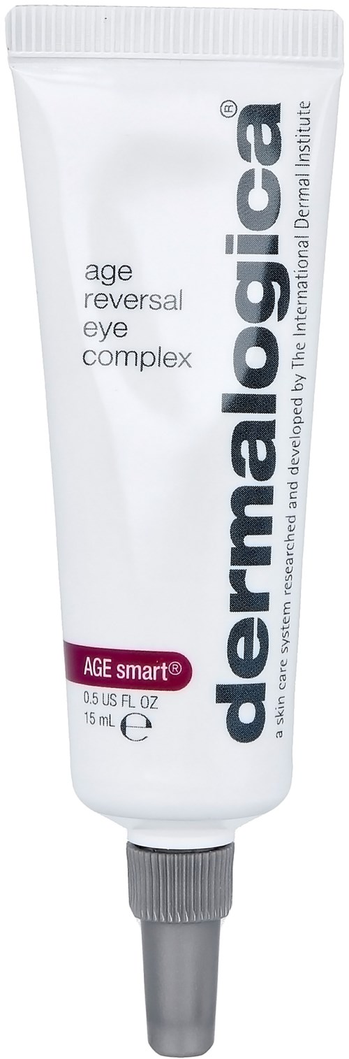 Een witte tube met 'dermalogica age reversal eye complex' erop en een grijze dop, bevat een huidverzorgingsproduct.