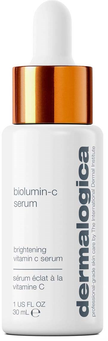 Eine weiße Hautpflegeflasche mit goldener Kappe und Pipette, Beschriftung 'dermalogica biolumin-c serum'.