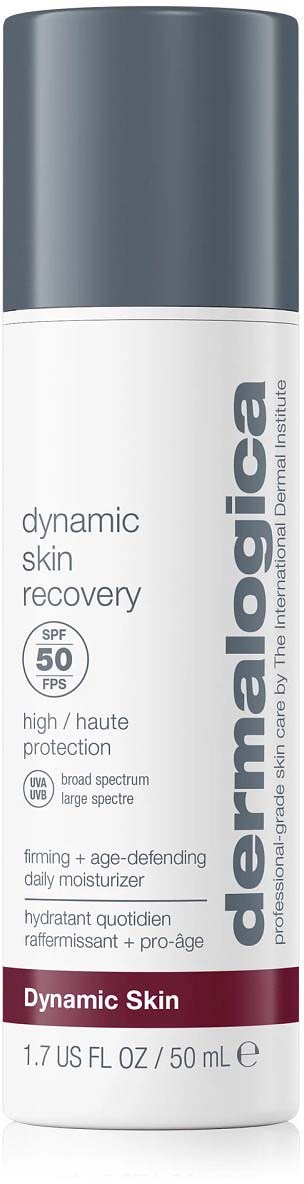 A white and gray bottle of Dermalogica moisturizer, labeled for skin recovery and sun protection, with a pump top.