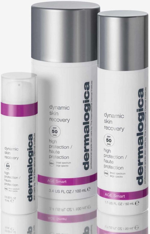 Three bottles of skin recovery cream from Dermalogica, labeled for high protection and age smart care.