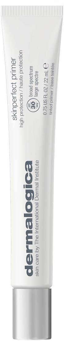 Een witte tube met het label Dermalogica Skinperfect Primer, rechtopstaand met een zilveren dop.
