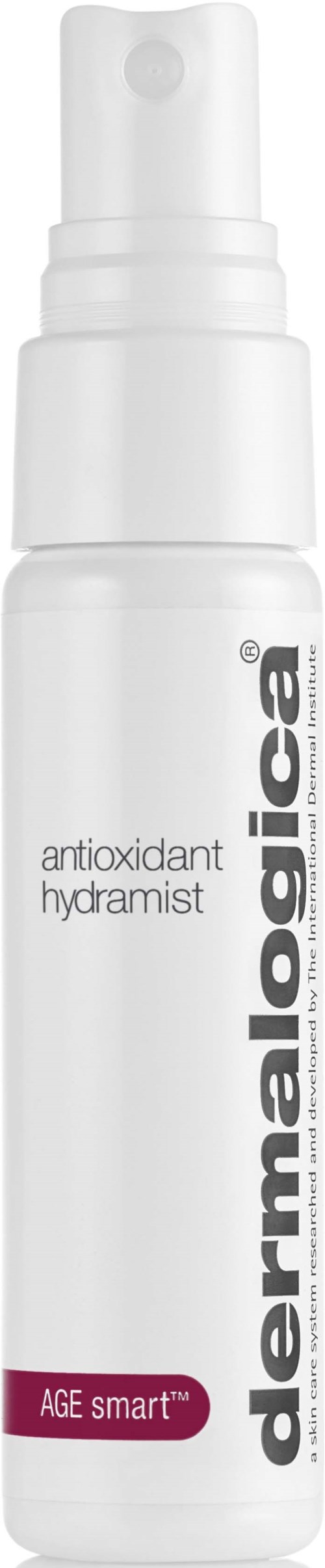 Een witte huidverzorgingsfles met pomp, gelabeld 'dermalosica antioxidant hydramist' en 'AGE smart' in paars.