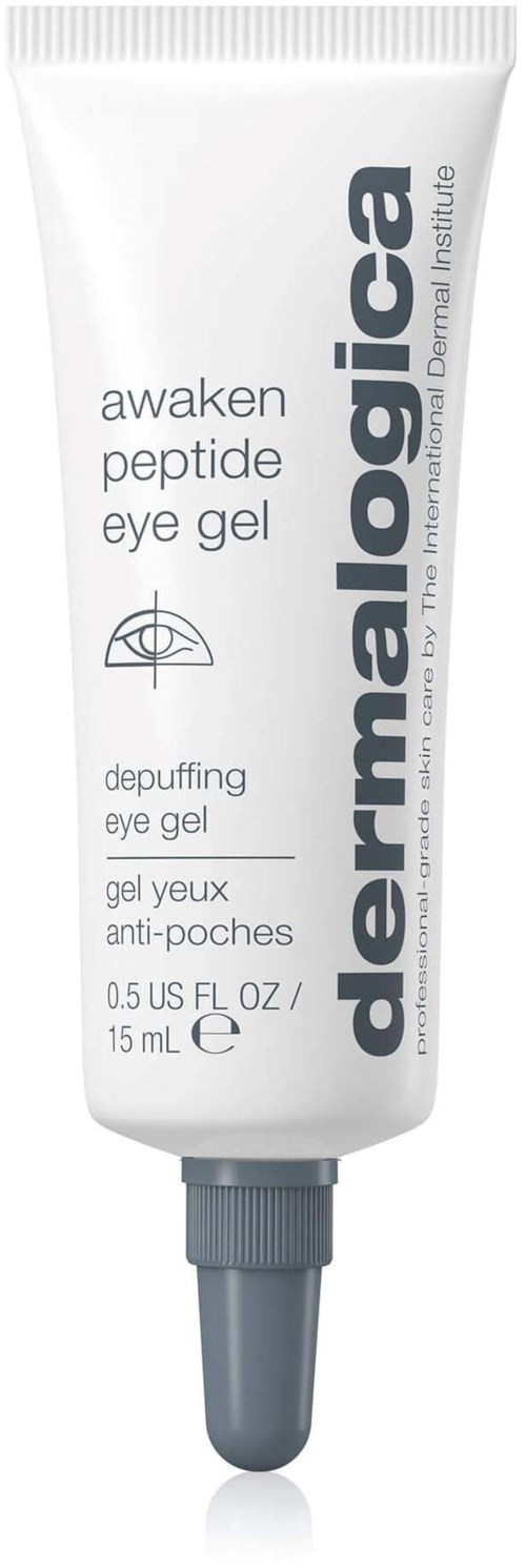 Eine Tube dermaologica awaken peptide eye gel, die dunkle Kreise und Schwellungen um die Augen reduziert.