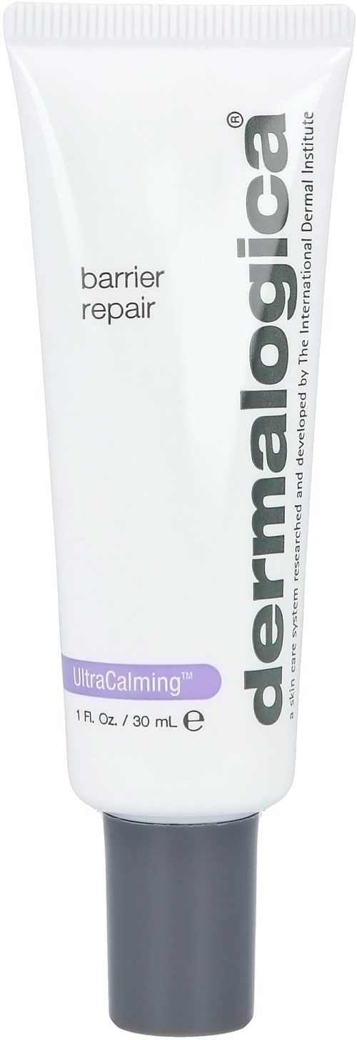 Valkoinen putkilö DermaLogic-barrierikorjaisua, harmaalla hupulla. Teksti 'UltraCalming' ja '1 fl oz'.