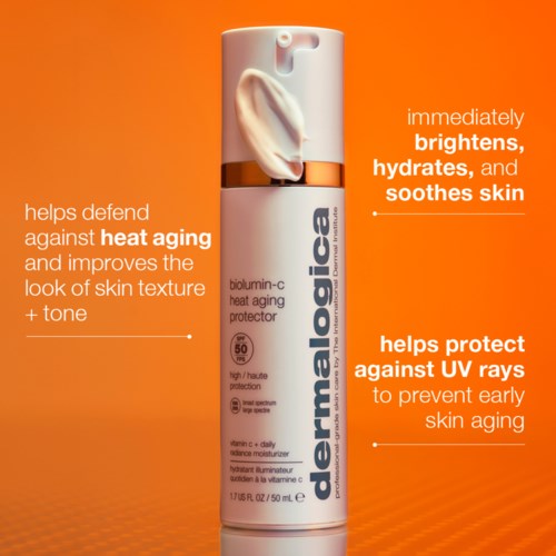 Eine weiße Flasche mit orangeem Hintergrund. Sie fördert ein Hautpflegeprodukt, das schützt, hydratisiert und beruhigt.