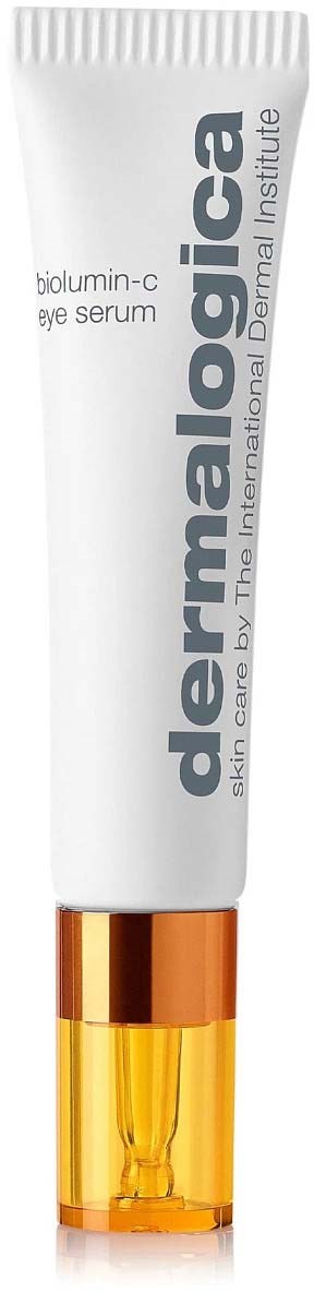 Een witte tube met oranje dop, gelabeld "dermalogica" en "biolumin-c eye serum" voor huidverzorging.
