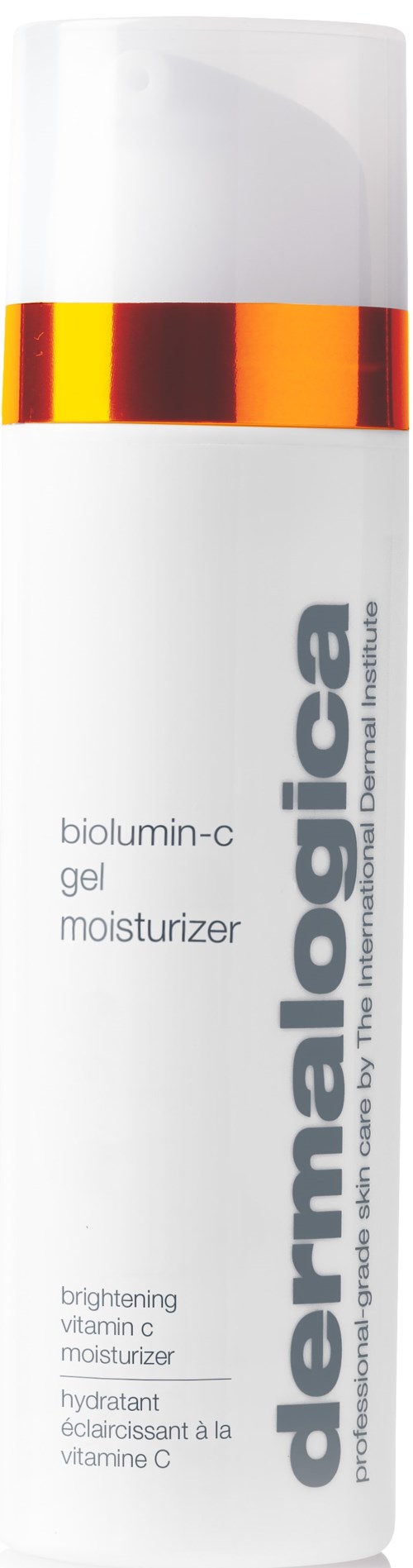 Eine weiße Flasche mit rotem und gelbem Band, beschriftet 'dermalogica biolumin-c gel moisturizer'.