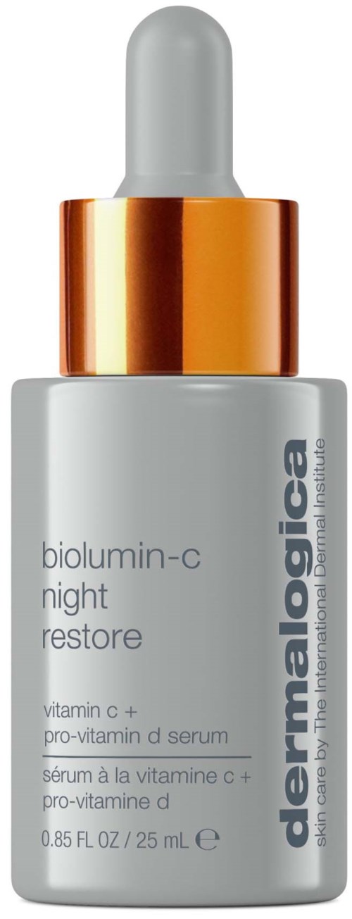 Een huidverzorgingsdruppel fles met 'dermalogica night restore' label, witte vloeistof en gouden dop.