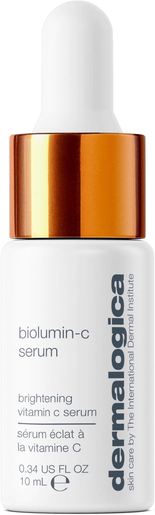 Kleine witte fles met pipetdop, gelabeld 'dermalogica biolumin-c serum' met goudkleurige band, gebruikt voor huidverzorging.
