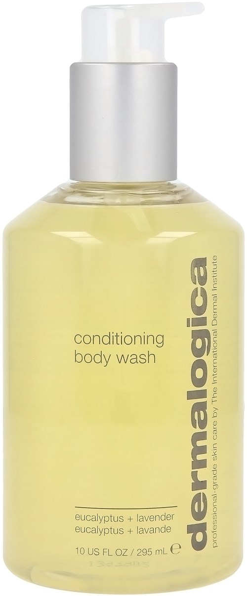En flaska med gul body wash med pump, märkt 'dermalogica conditioning body wash' med eucalyptus och lavendel doft.