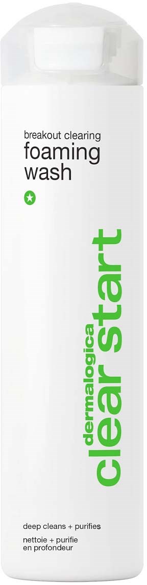 Eine weiße Flasche mit grüner und schwarzer Schrift, gekennzeichnet als schäumende Waschmittel für klare Haut.