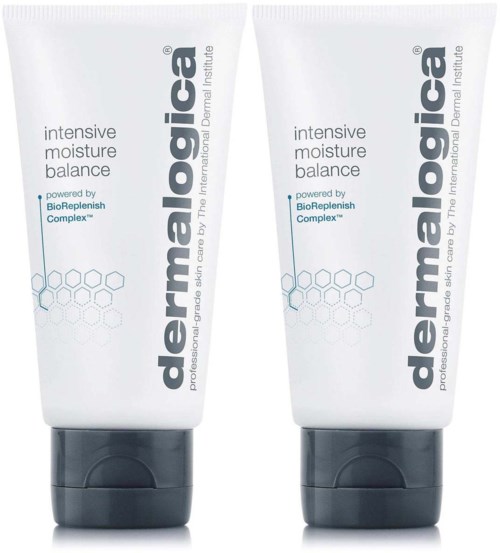 Zwei weiße Tuben mit Hautcreme und schwarzen Verschlüssen, beschriftet 'dermaLogic' und 'intensive moisture balance.'