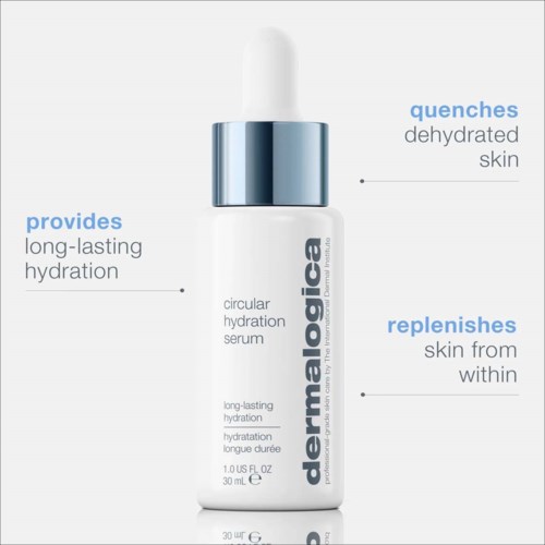 A white bottle with a dropper cap, labeled 'dermalogica,' offers long-lasting hydration, cools, quenches, and replenishes skin.