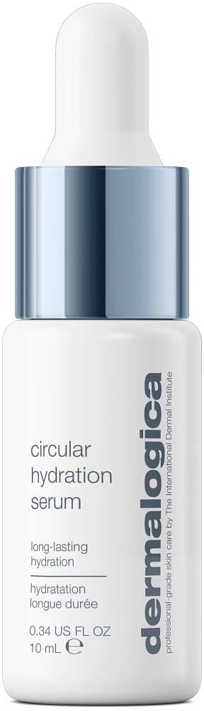 A white bottle with a dropper top, labeled 'dermalogica circular hydration serum,' designed for skincare hydration.