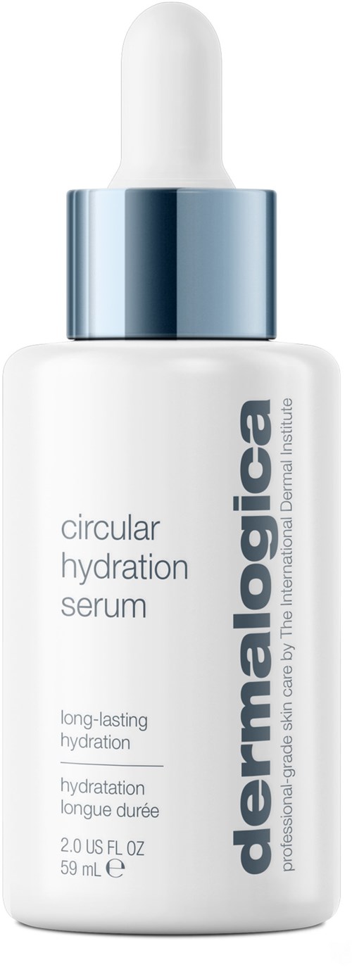 Eine weiße Flasche mit Tropfer, Beschriftung dermalogica circular hydration serum, für lang anhaltende Hautfeuchtigkeit.