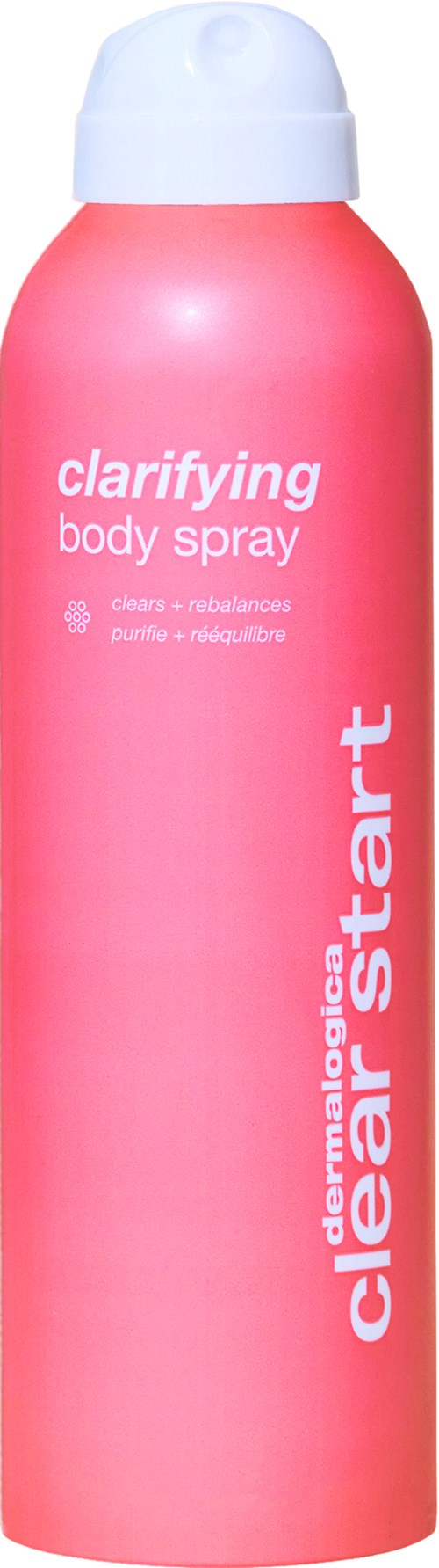 A pink body spray bottle labeled "clarifying" and "clean start" with white cap, designed for skincare or body freshness.