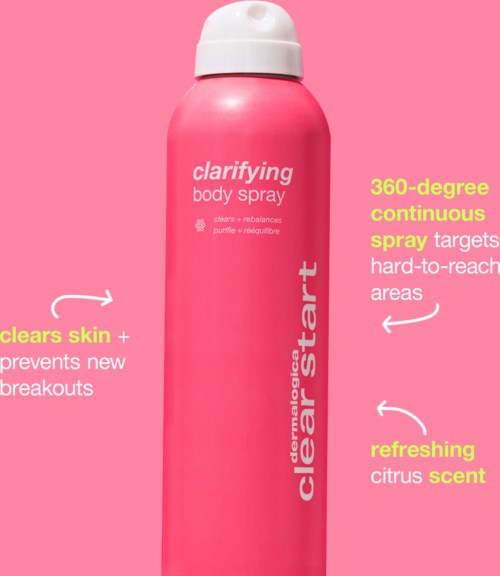 Pink body spray bottle promoting skin clearing, long spray reach, and a citrus scent.