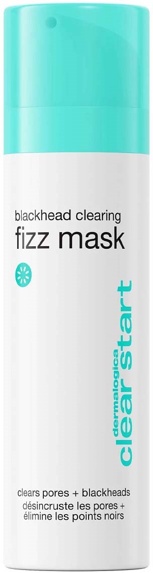 Eine weiße Sprühflasche mit türkisfarbenem Deckel, beschriftet mit 'blackhead clearing fizz mask' und 'clear start.'