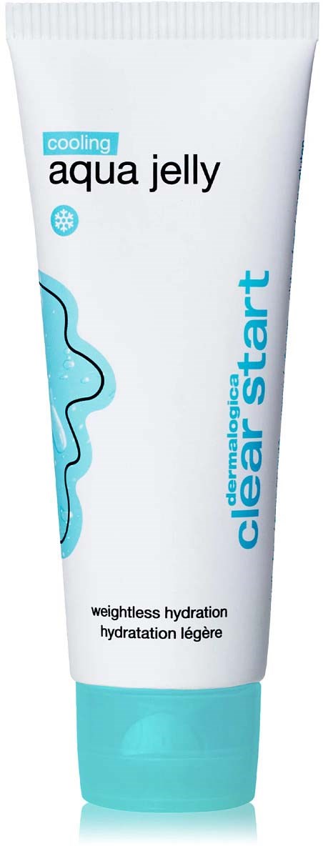 Een witte tube met aqua gel, met blauwe accenten, gelabeld voor verkoeling en hydratatie, voor huidverzorging.