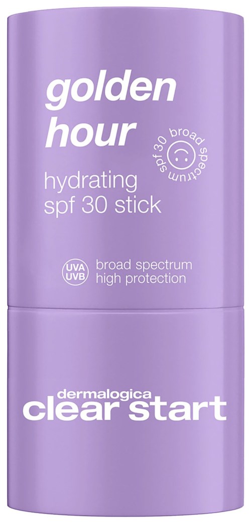 Paars stift met witte tekst voor zonnebrandcrème en huidverzorgingsproducten. Bevat SPF 30 en breed spectrum bescherming.