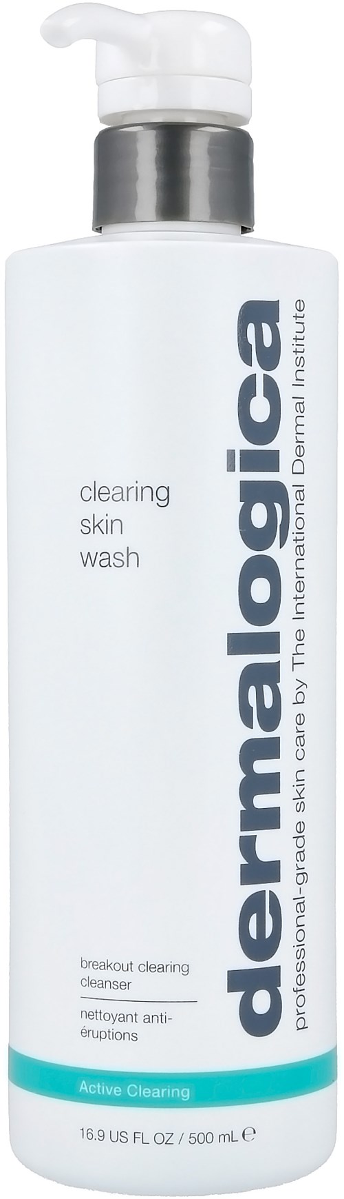 Een wit flesje met pomp, gelabeld als DermaLogic Skin Wash, voor het reinigen van huid en acne, met blauwe en zwarte tekst.