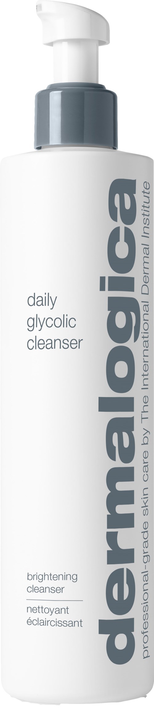 Een witte fles met pomp, gelabeld 'dermalogica' en tekst over een dagelijkse glycolische reiniger.