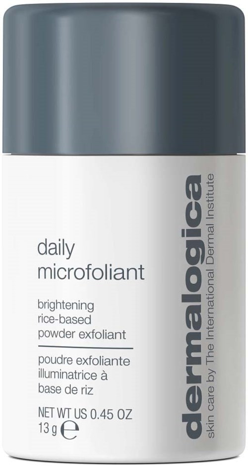 A white and gray container of DermaLogica daily microfolliant with rice-based powder exfoliant.