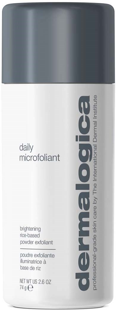 A white and gray bottle of DermaLOGICA daily microfoliant, a brightening rice-based powder exfoliant.