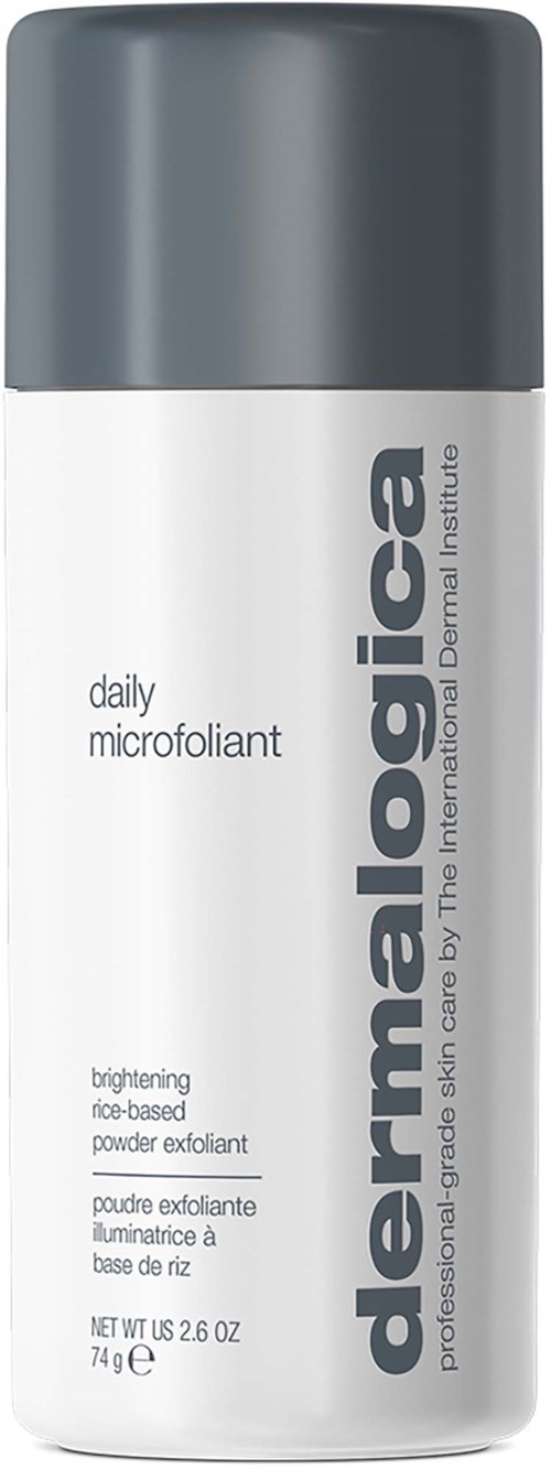 En vit och grå flaska från Dermaola daily microfoliant med produktnamn och beskrivning på etiketten.