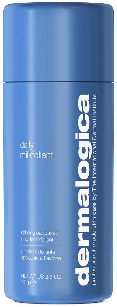 Een blauw cilindervormige fles met dermalogica daily microfoliant, een huidverzorgingsproduct.
