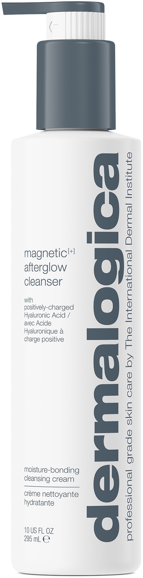 Een witte fles met een grijze dop, labelt Dermalogica Magnetic+ Afterglow Cleanser. Het heeft tekst die de kenmerken en ingrediënten beschrijft.