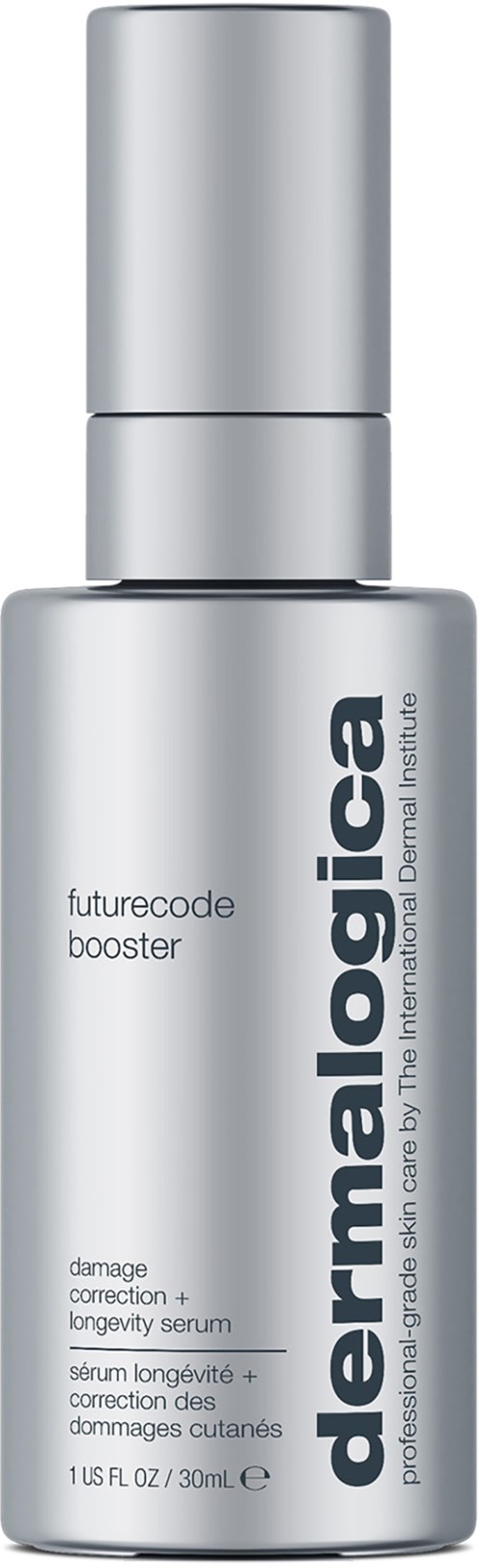 Silvergul flaska med Dermalogica och texten future code booster och damage correction serum.