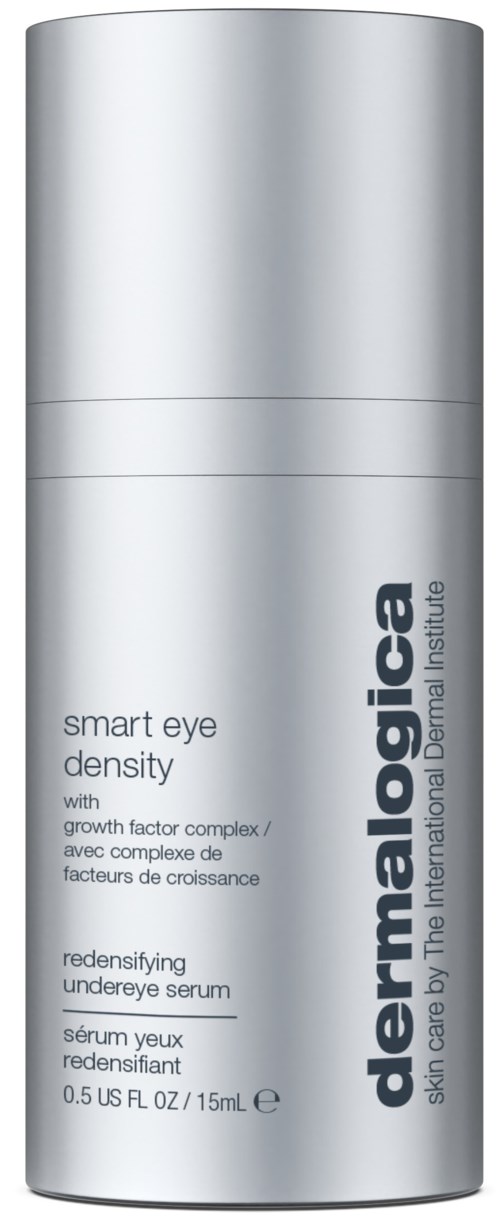 En silverfärgad cylindrisk flaska med Derma Logic ögonserum med pump, etikett som nämner 'smart eye density' och 'under eye serum'.