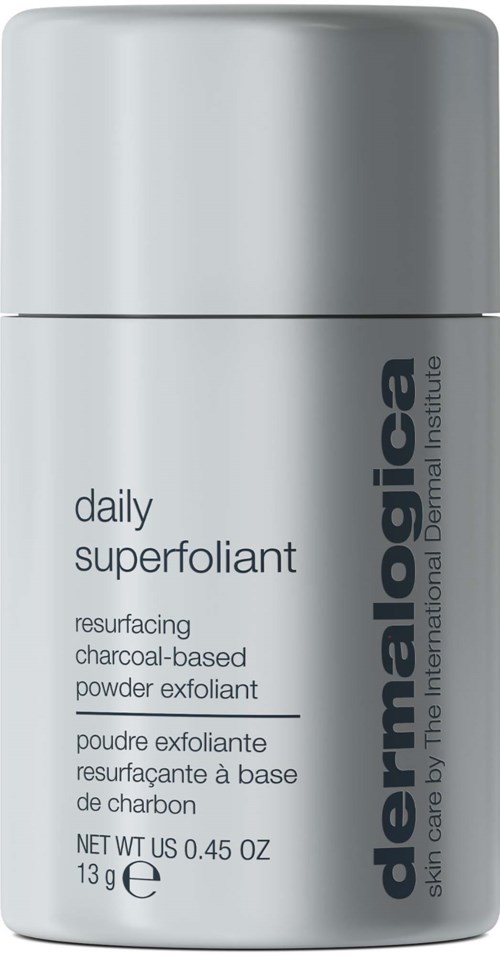 En silverfärgad, cylindrisk behållare för Dermalogica daily superfoflant med svart text som visar produktinformation.