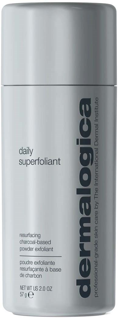 Een zilveren fles met de tekst 'dermalogica daily superfoliant' en informatie over exfoliërend poeder.