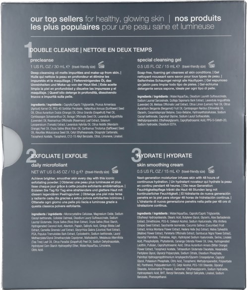 Deze afbeelding toont een huidverzorgingsproduct met drie stappen: reinigen, exfoliëren en hydrateren. Het bevat productdetails en ingrediënten.