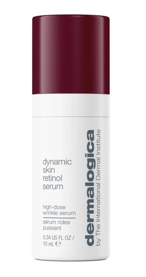 Een witte fles met een donkerrode dop, label 'dermalogica' en 'retinol serum' voor de huid.