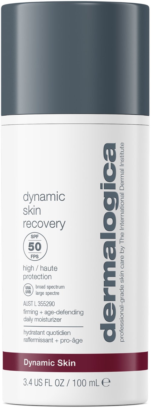 Eine weiße Flasche mit dunklem grauem Deckel enthält dermalogica Hautregenerierende Feuchtigkeitscreme mit SPF 50.