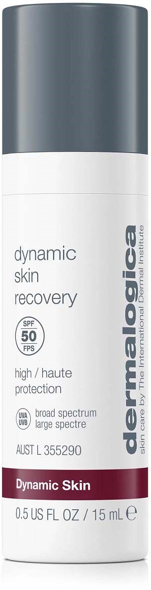 Eine weiße Flasche mit grauem Deckel, gekennzeichnet für Hautschutz mit SPF 50, Marke Dermalogica, hoher Schutz.