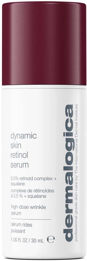 Een witte fles met een kastanjebruine dop, met label 'dermalogica' en 'retinol serum' voor huidverzorging.