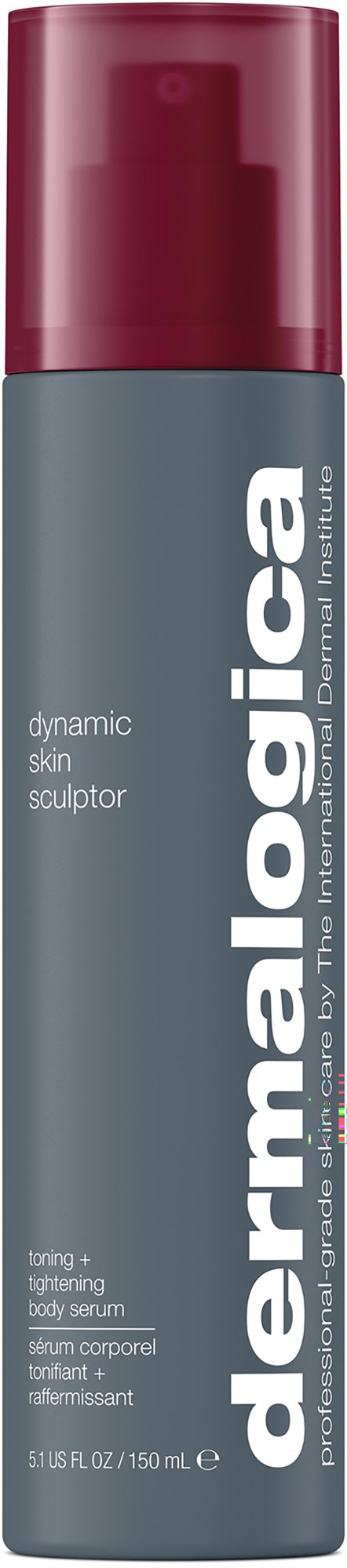 Eine graue Flasche mit rotem Deckel, gekennzeichnet 'dermalogica' und 'dynamic skin sculptor' für Hautpflege.