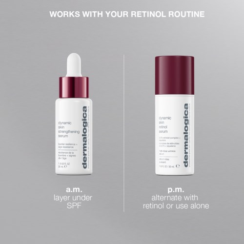 Twee huidverzorgingsflessen, een voor overdag met SPF en een voor 's nachts met retinol, tonen wanneer elk te gebruiken.