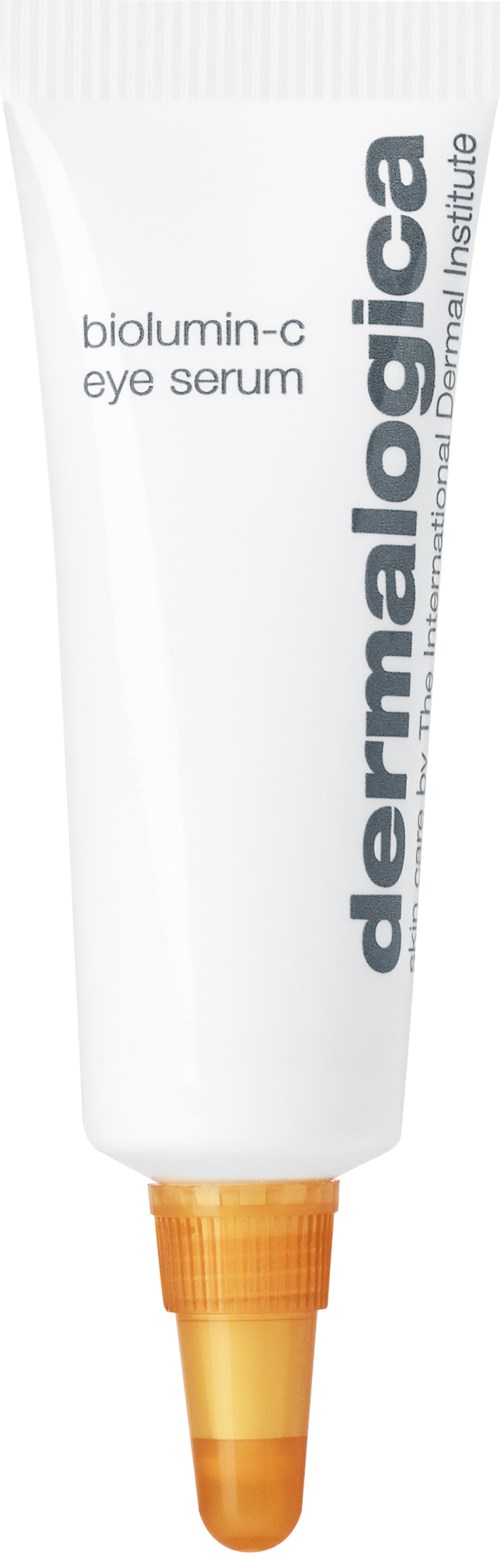 En vit tub med en gul applikatorspets, märkt 'biolumin-c eye serum' och 'dermalogica'.