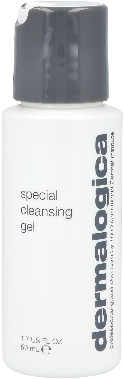 En liten vit flaska med grå kork märkt 'dermalogica special cleansing gel.'